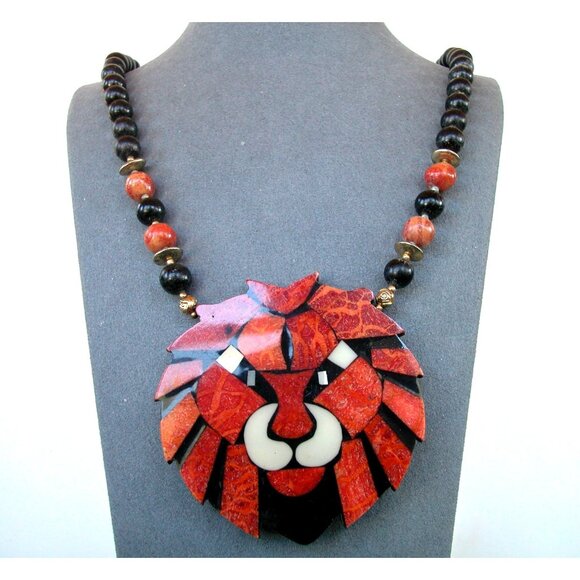 Lion Head Inlay Necklace By Lee Sands 22" - Picture 1 of 3